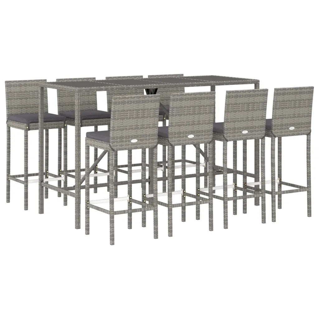 Set Bar da Giardino 9 pz con Cuscini in Polyrattan Grigio