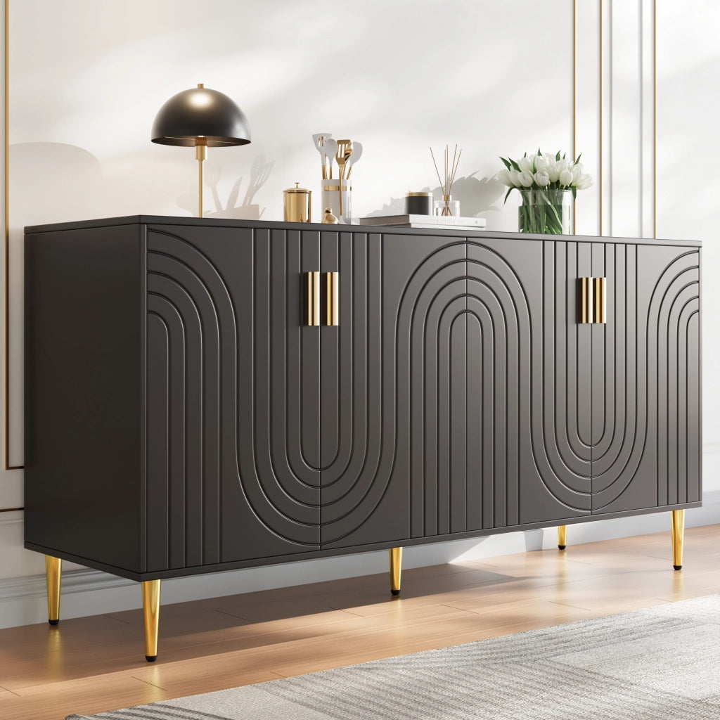 OKWISH Credenza con 2 Ante e 4 Vani, Dispositivo Antiribaltamento, Frontale Ondulato, MDF, 152 x 40 x 75 cm, Nero