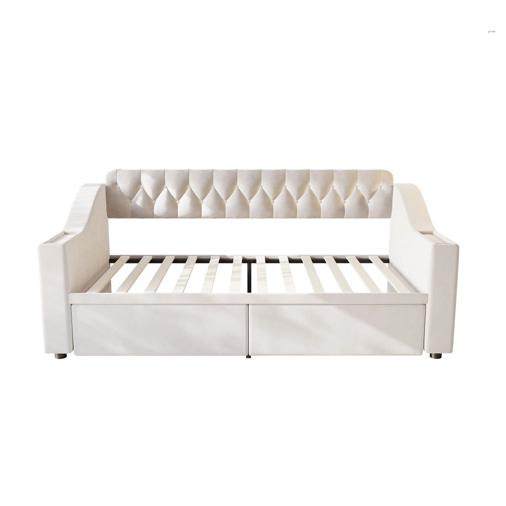 DESMIU Divano letto 90 × 190 cm 1 posto con USB, Type-C, vani contenitore, senza materasso, in velluto, beige