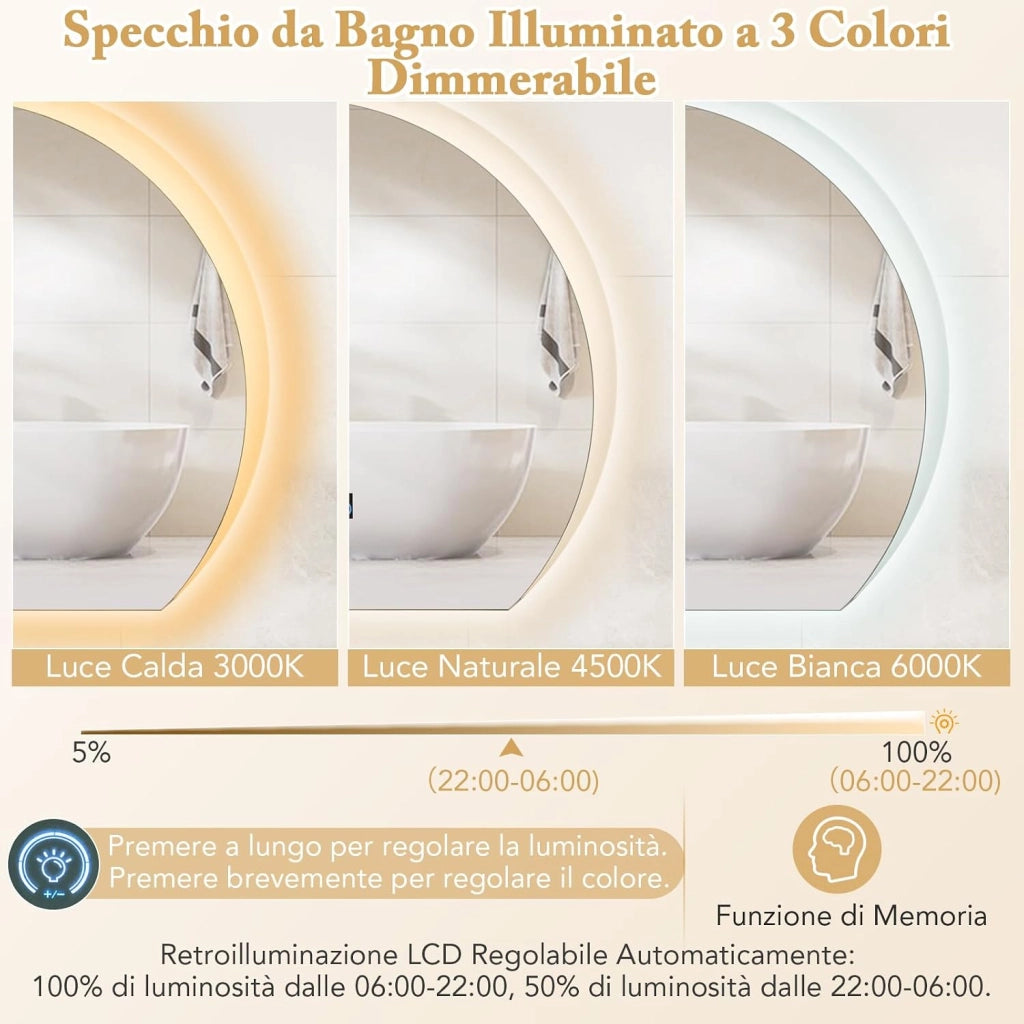 Specchio da Parete, Specchio IP44 da Bagno Arco Moderno 60 x 53 x 3 cm con Cornice in Alluminio, Luce Led Regolabile e Display per Sogiorno, Camera da Letto e Ingresso, Bianco