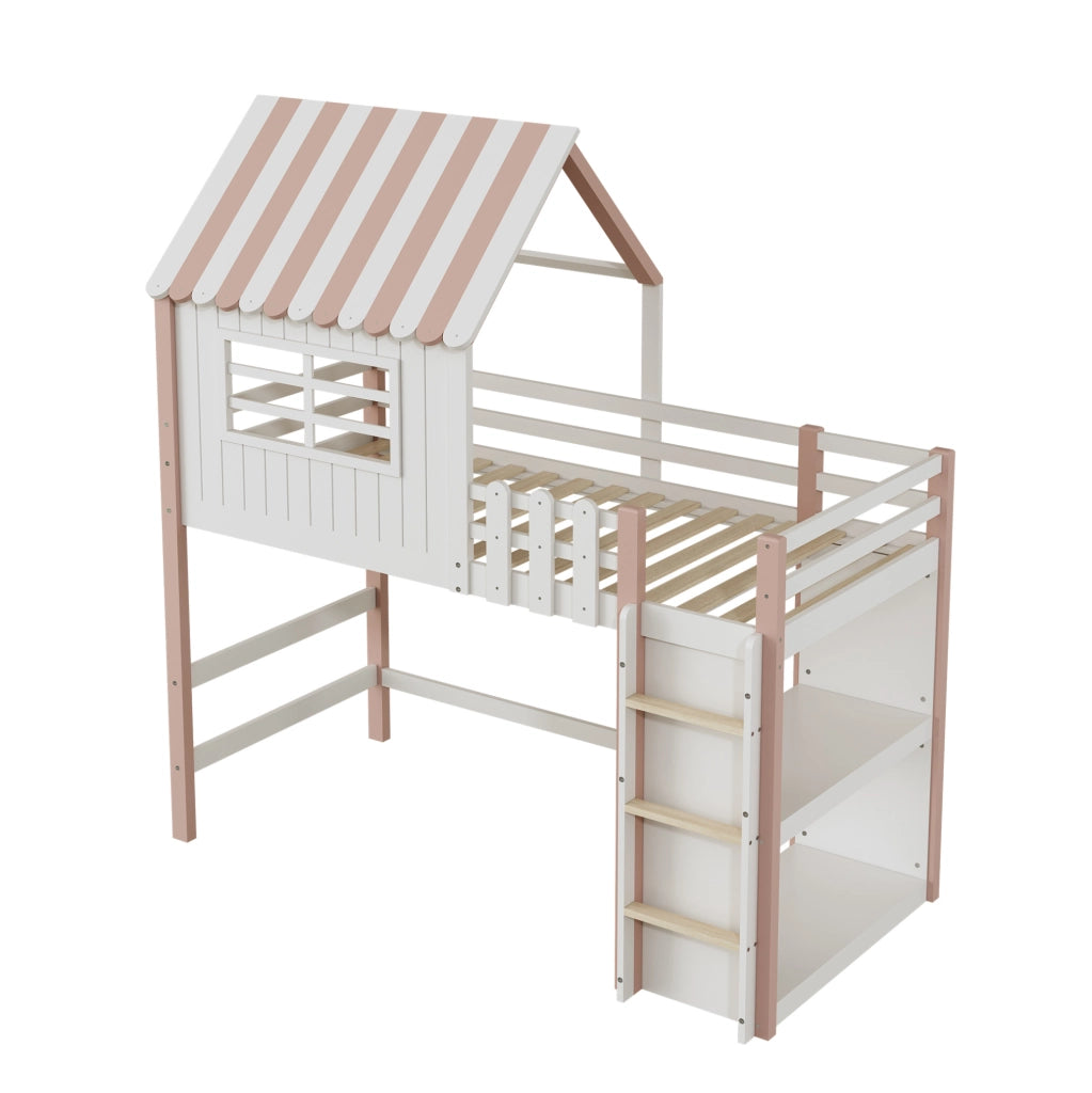 Letto per bambini a casetta 90x200 cm in legno massello; rosa; con scala di sicurezza