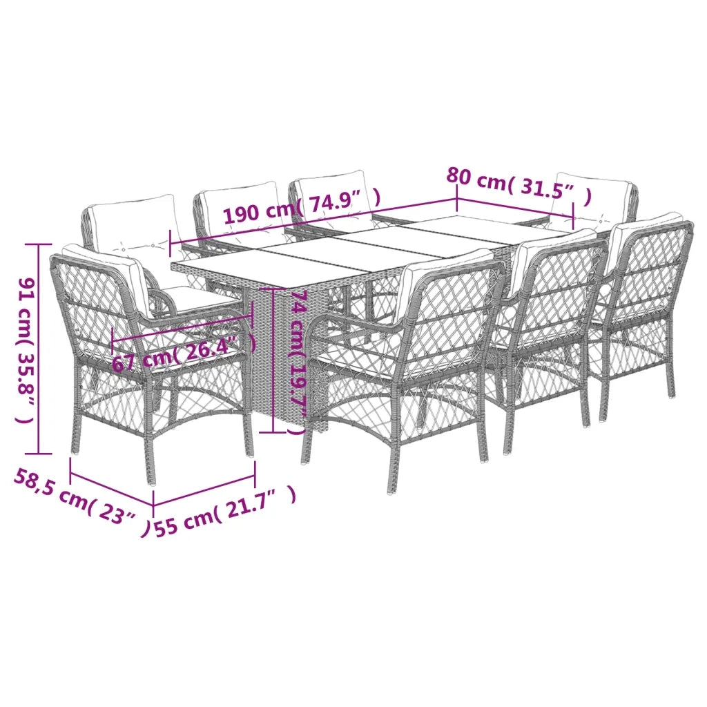 Set da Pranzo da Giardino 9pz con Cuscini Marrone in Polyrattan