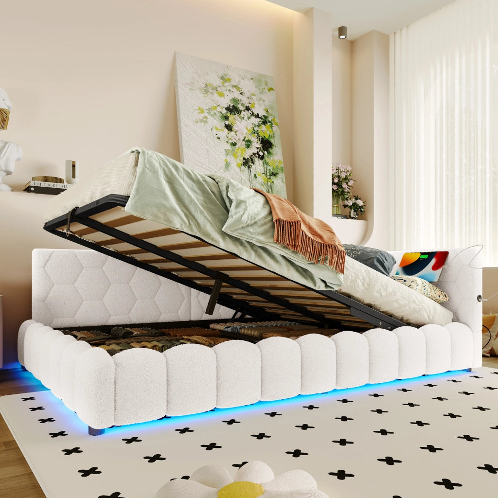 Letto a una piazza e mezza 140x200 cm con rete a doghe, contenitore idraulico, LED, USB e Type-C, bianco