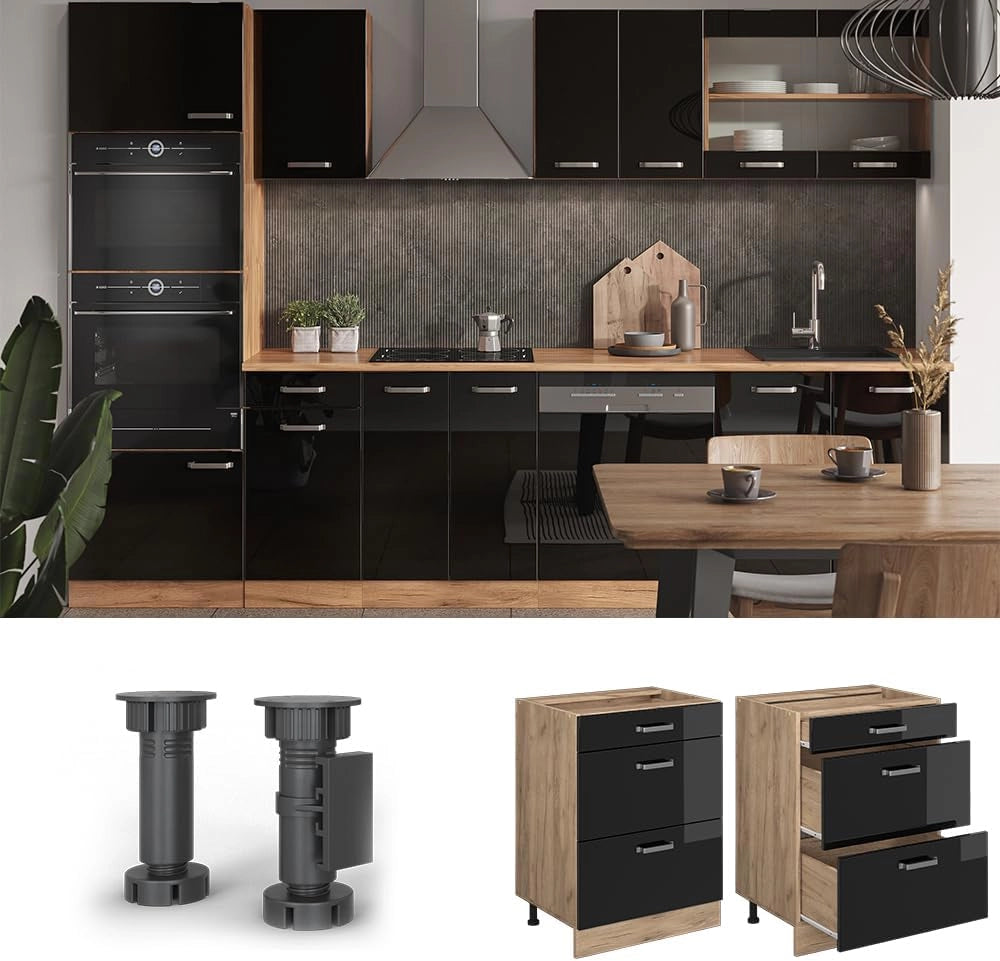Mobiletto base per cucina R-Line, Nero lucido, 60 cm con cassetti, senza piano di lavoro, per la libera combinazione all'interno di sistemi cucina modulari