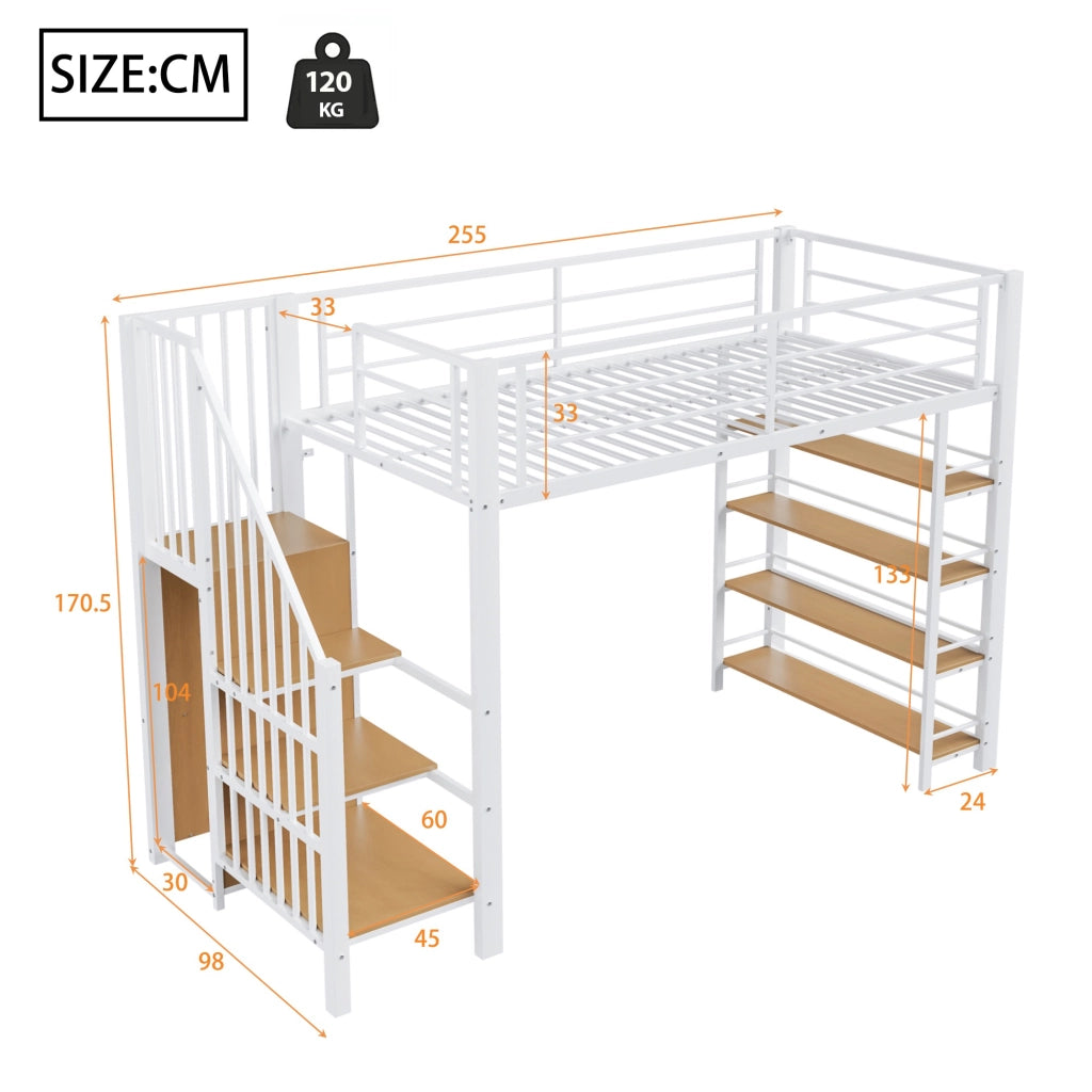 LETTO a soppalco 90x200 cm con scala, armadio e ripiani, metallo bianco