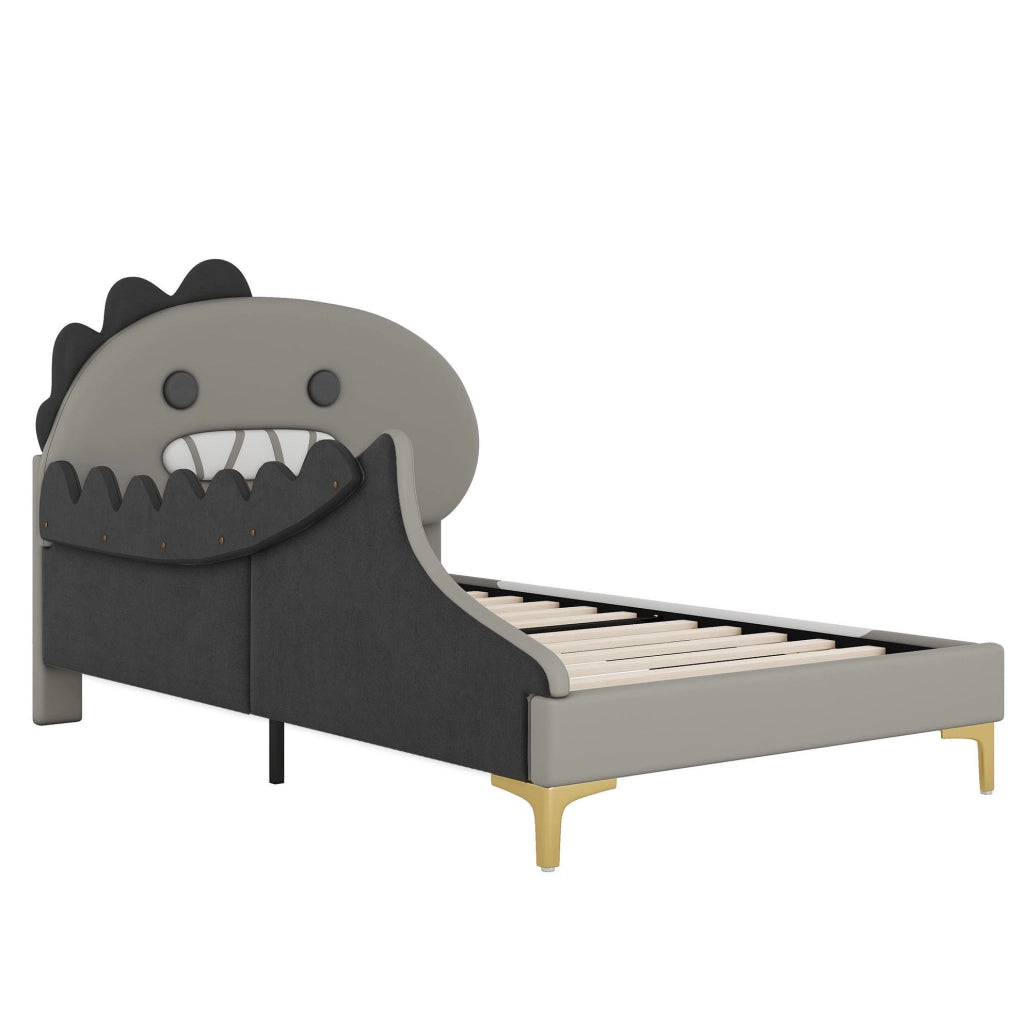Letto per bambini dinosauro grigio 90 x 200 cm in PU e MDF