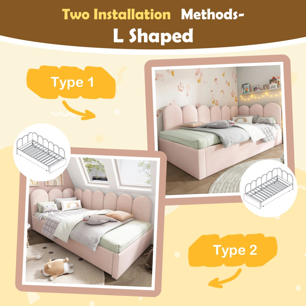 OKWISH Letto Estraibile 90×200 cm, Letto Singolo con Secondo Letto 90×190 cm, Sponde e Schienale Imbottito, senza Materasso, Velluto, Rosa