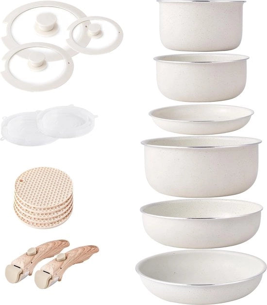 Set di pentole inductive con maniglie rimovibili e anticongelante, impianto di cottura in pietra, set di pentole stivabile con coperchi in silicone, set di cottura spaziale senza PFOA