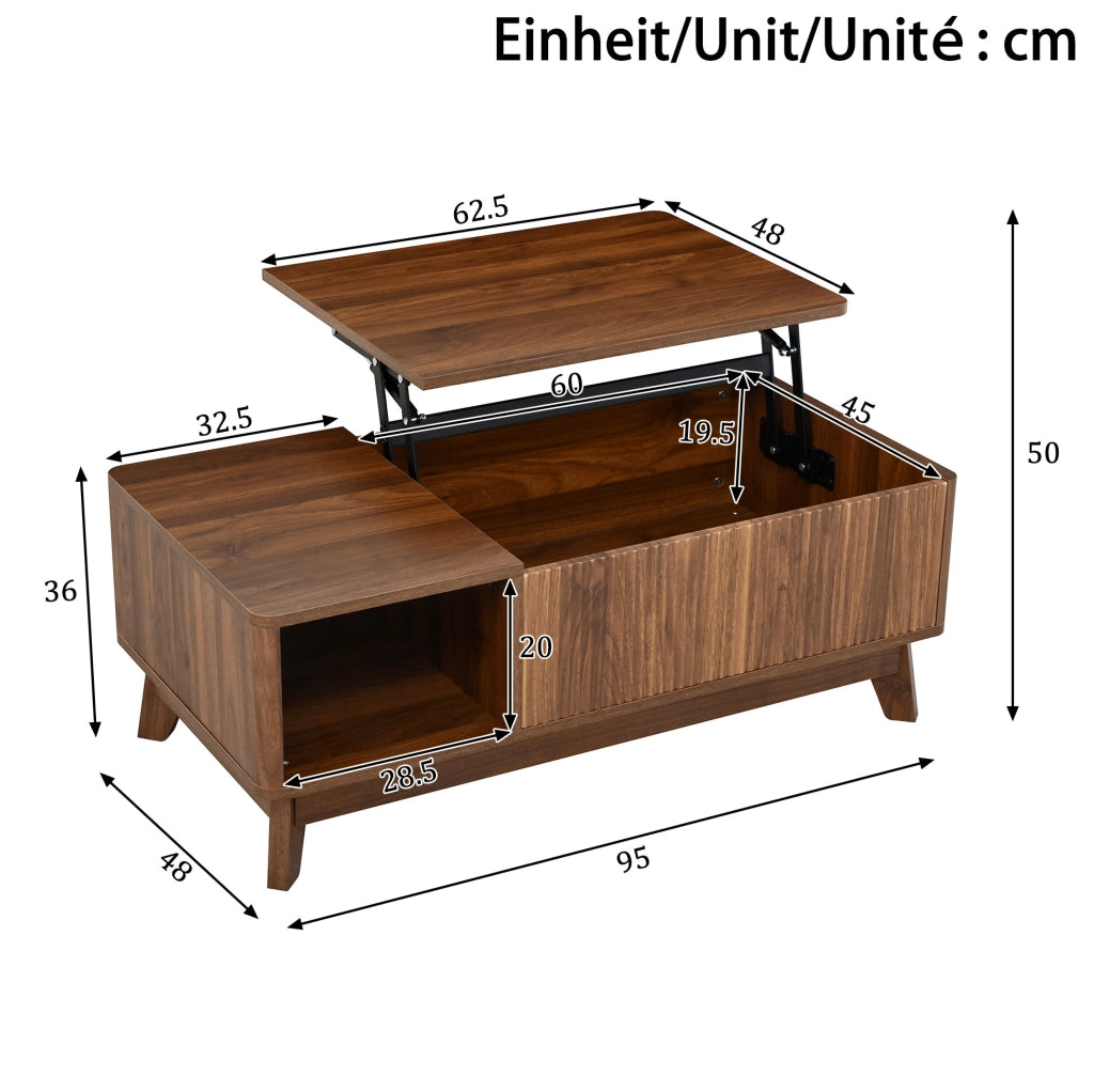 Tavolino da caffè sollevabile 95x48x50 cm in MDF effetto noce con vano laterale