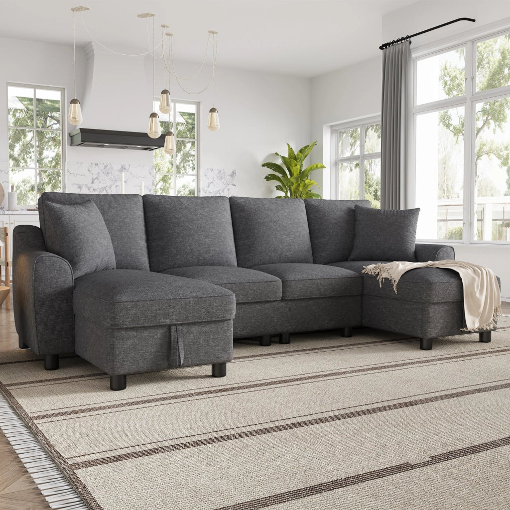 Divano modulare a U con chaise longue contenitore e cuscini in chenille grigio