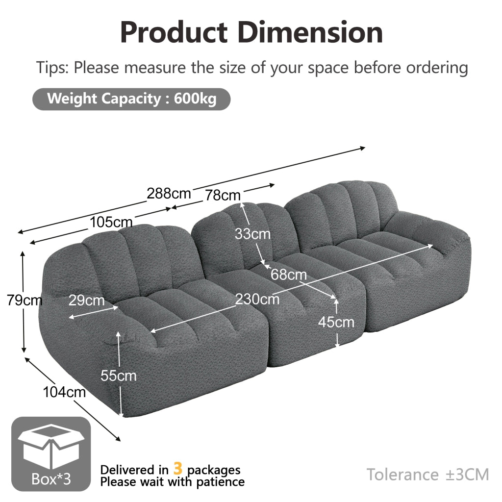 Divano modulare a 3 posti senza struttura con seduta profonda e pouf in pile granulare grigio 288 × 104 × 79 cm