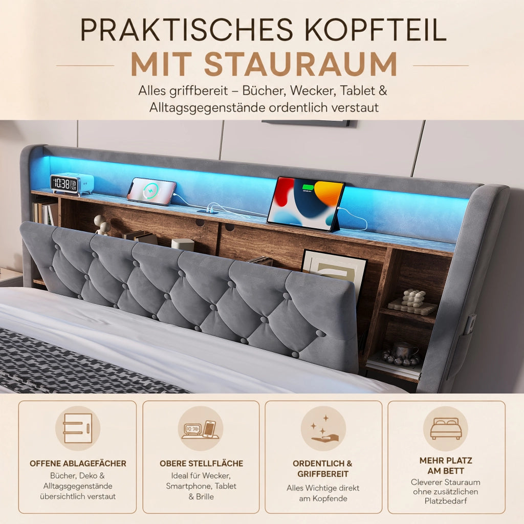 Letto imbottito 180 x 200 cm con contenitore, testiera multifunzione, LED, USB e Type-C, velluto grigio scuro