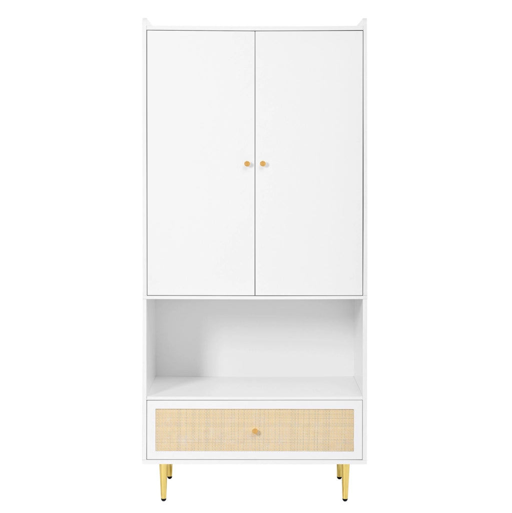 Armadio bianco con cassetto in rattan 80x48x175 cm