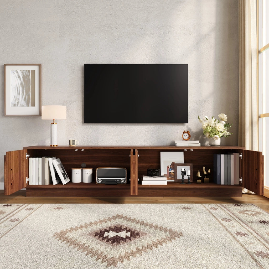 Mobile TV con 4 ante; LED e passacavi per soggiorno in MDF e metallo noce