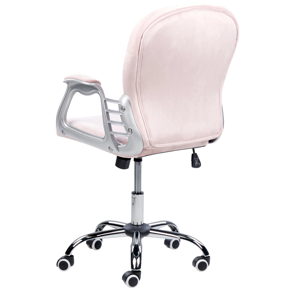 Sedia da ufficio in velluto rosa con altezza regolabile e schienale trapuntato stile retrò moderno