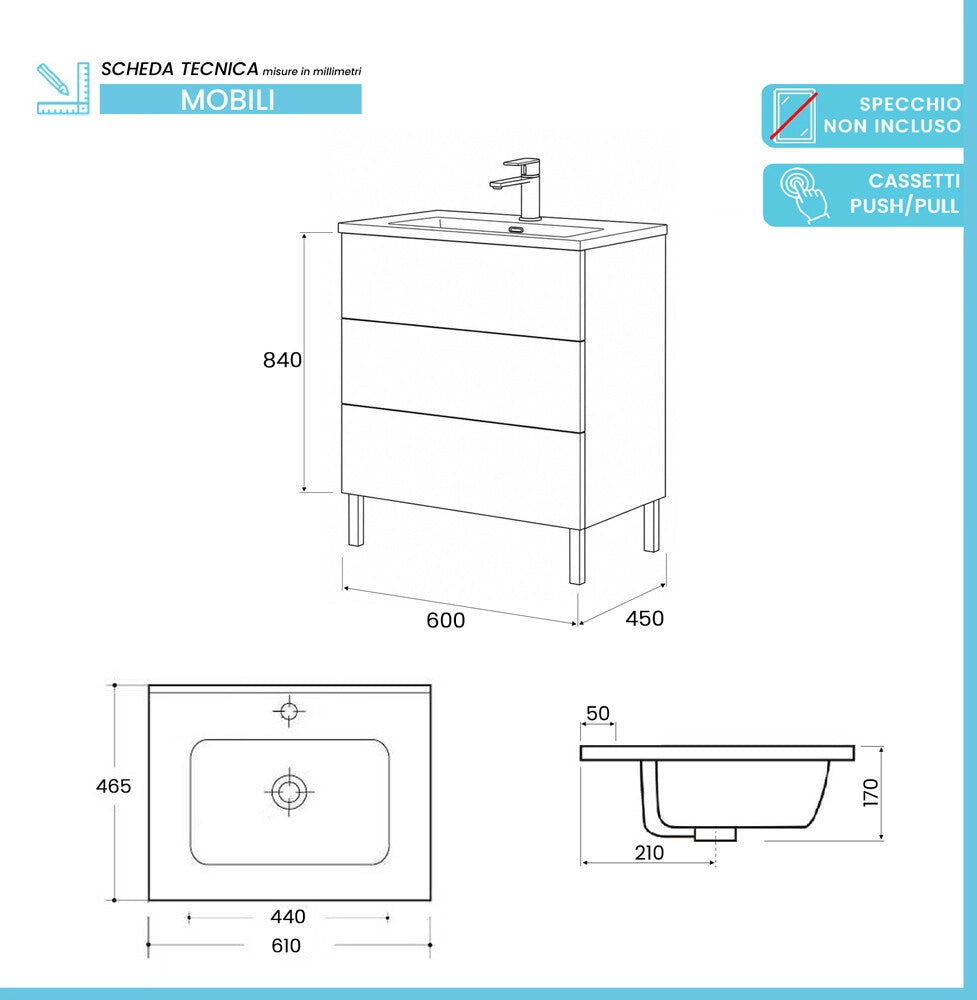 Mobile bagno a terra 60 cm verde tre cassetti push-pull con lavabo Tierra