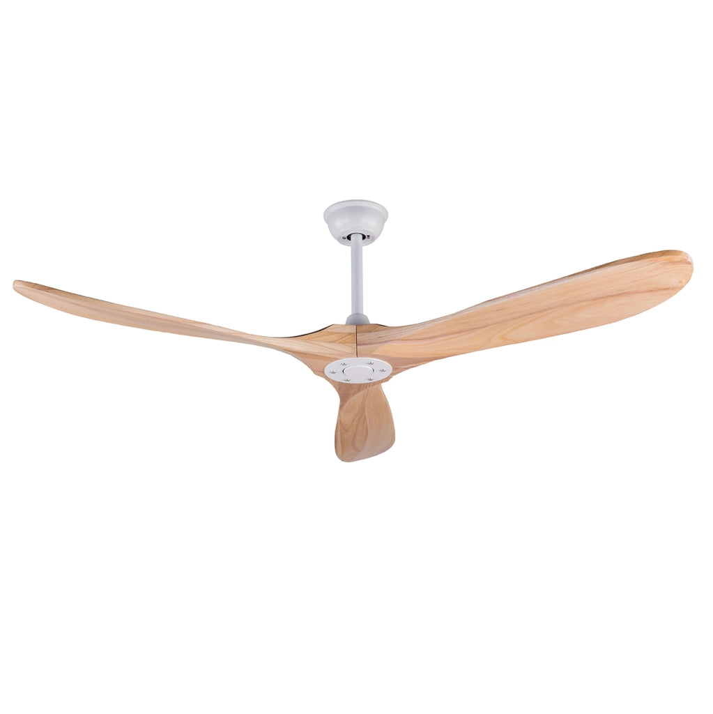 Ventilatore da soffitto 60 pollici senza luce; legno e metallo; bianco e naturale con telecomando