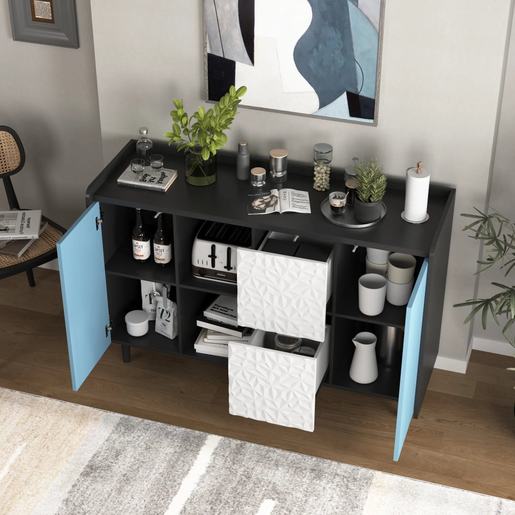 Credenza con 2 Cassetti; 2 Vani Aperti e 2 Ante; Stile Moderno; in MDF; Nero e Blu; 120??40??80 cm