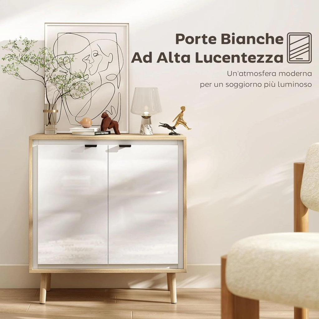 Credenza Cucina con 2 Ante, Mobile Cucina Moderno con Ripiano Regolabile e Piedi in Legno, Credenza Buffet per Soggiorno, Sala da Pranzo e Salotto, 72x35x77 cm, Bianco Lucido e Rovere