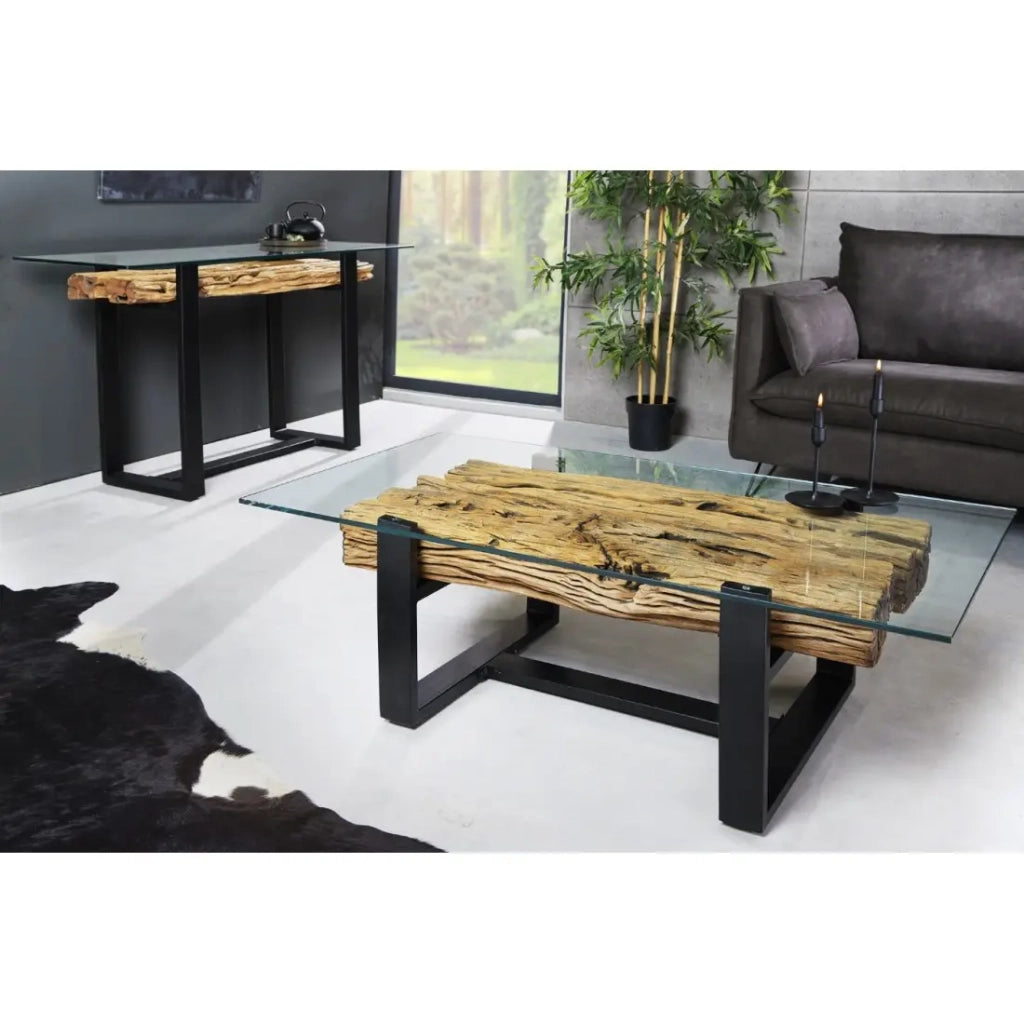Tavolino basso RAFTA 130 cm in teak riciclato con vetro temperato – Gambe in metallo nero a U