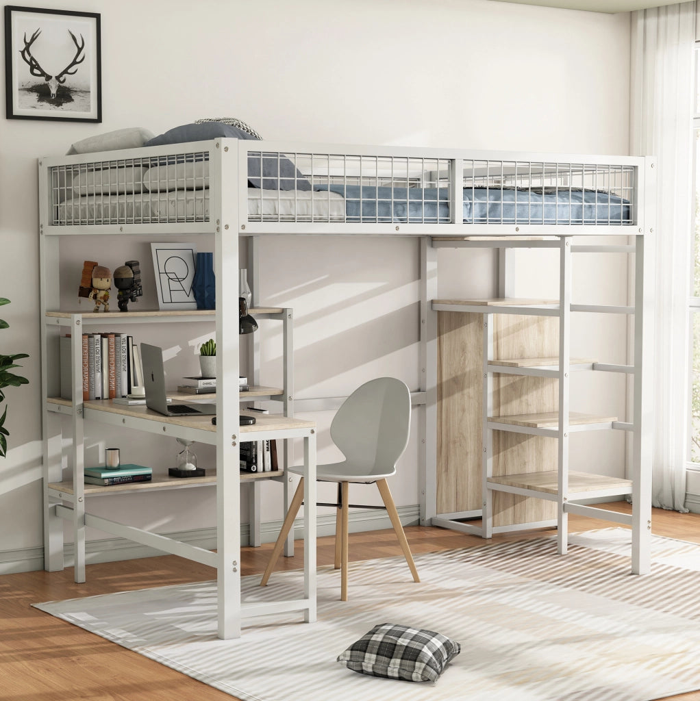 Letto a soppalco 140x200 cm con scrivania; scaffali e armadio in MDF e metallo bianco