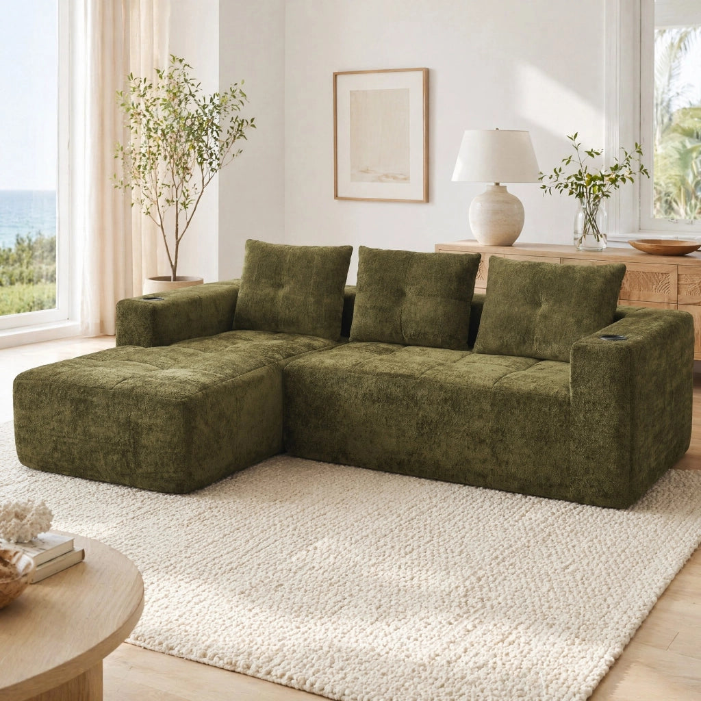Divano angolare 4-5 posti con portabicchieri, Stile Moderno, in Chenille Verde