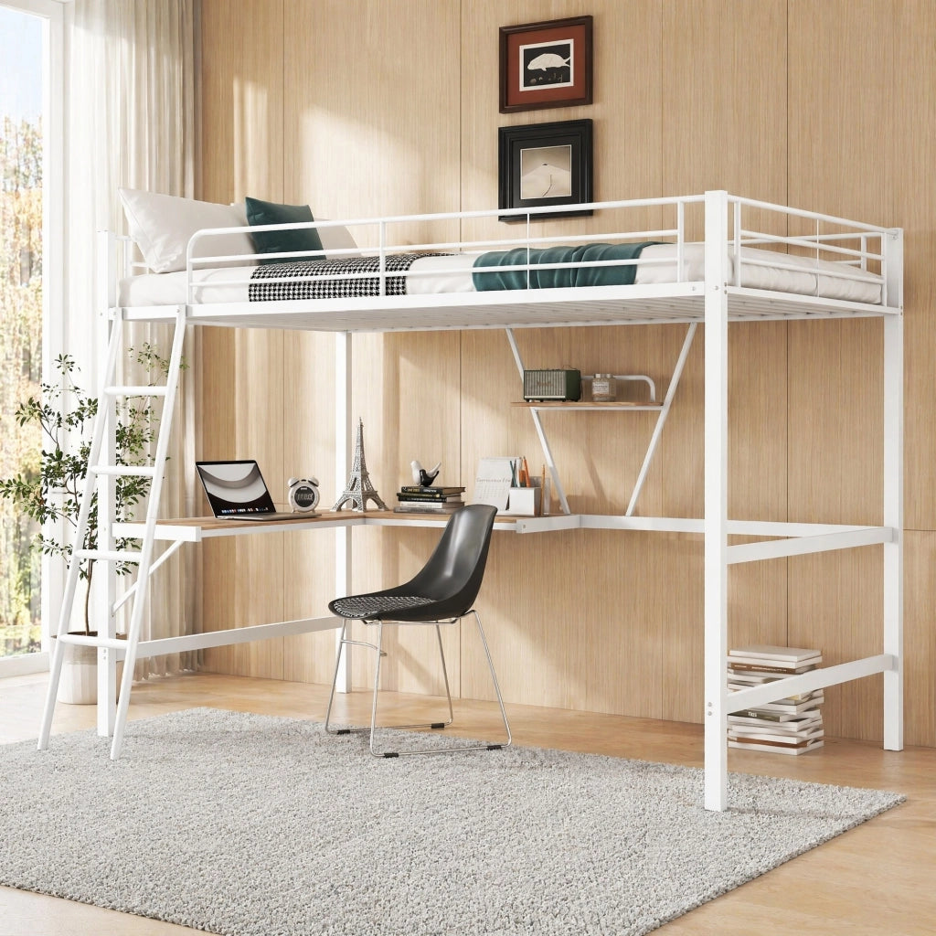 LETTO a soppalco 90x200 cm in metallo bianco con scrivania L e ripiano