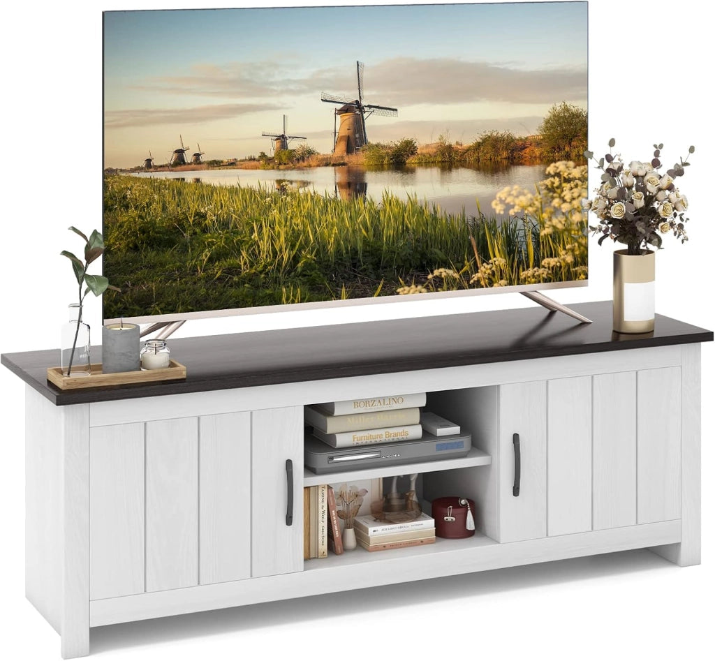 Mobile TV con 2 Ante per TV fino a 65", Mobile Porta TV in Legno con Ripiani Aperti, Mobile per TV in Legno per Soggiorno, 145 x 39,5 x 49,5 cm (Grigio Scuro)