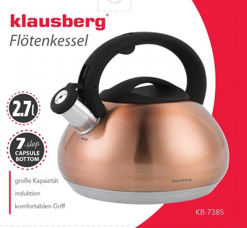 Klausberg KB-7385 Bollitore con fischietto in rame da 2,7 l in acciaio inossidabile