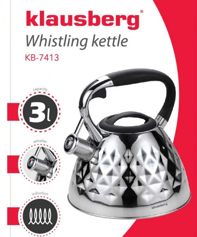 Klausberg KB-7413 Bollitore a fischio in acciaio inossidabile da 3 litri per tutti i fornelli