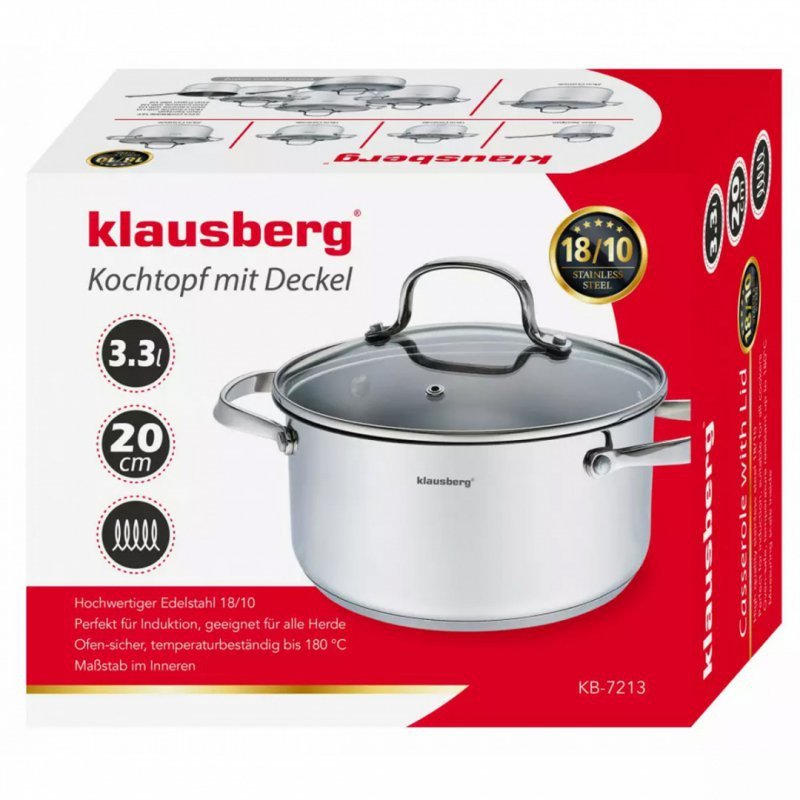 Klausberg KB-7213 Pentola in acciaio inossidabile da 3,3 l con coperchio in vetro temperato