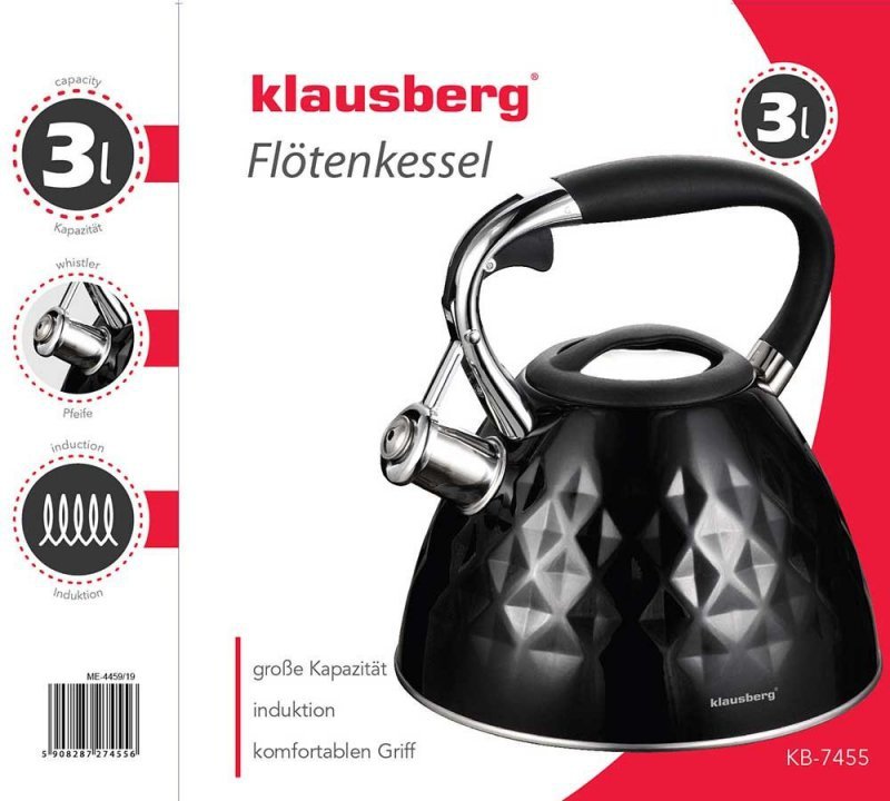 Klausberg KB-7455 Bollitore con fischietto in acciaio inossidabile da 2,7 l con manico Cool-Touch