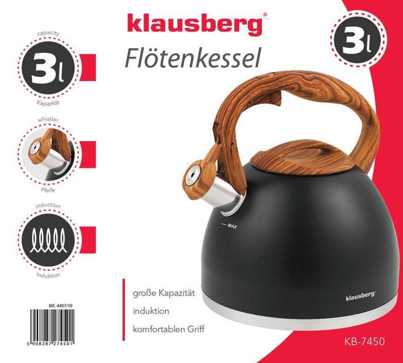Klausberg KB-7450 Bollitore in acciaio inox con fischio da 3 litri per tutti i fornelli