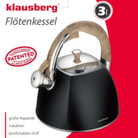 Klausberg KB-7498 Bollitore con fischio da 3 litri - Acciaio inossidabile di alta qualità