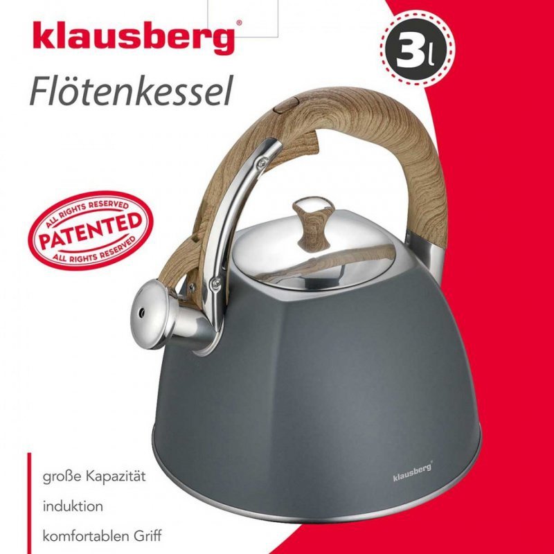 Klausberg KB-7501 Bollitore in acciaio inox con fischio da 3 litri per tutti i fornelli