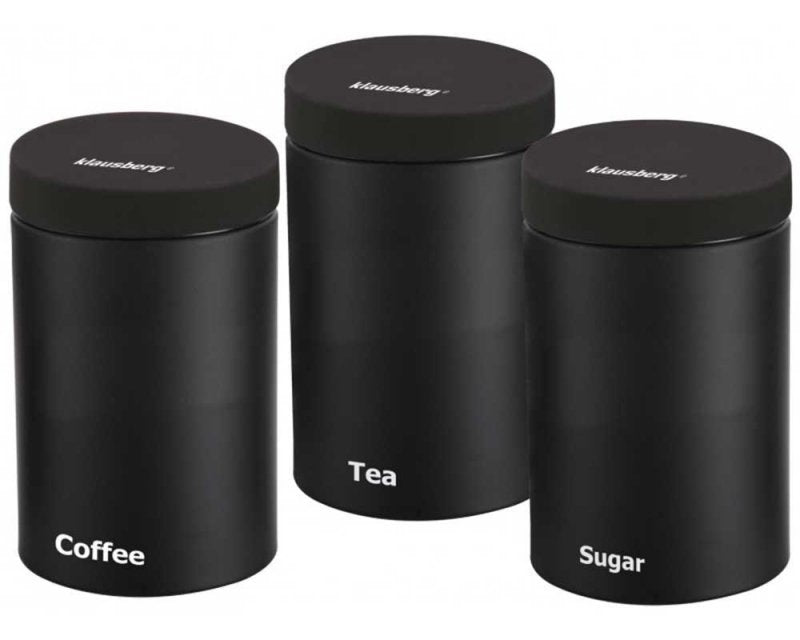 Klausberg KB-7256 Set di contenitori da cucina in metallo nero per zucchero, caffè, tè