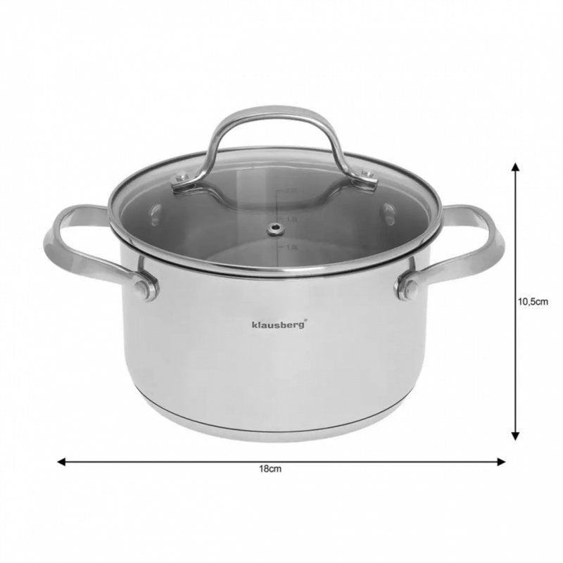 Klausberg KB-7212 Pentola in acciaio inossidabile da 2,5 l con coperchio in vetro temperato