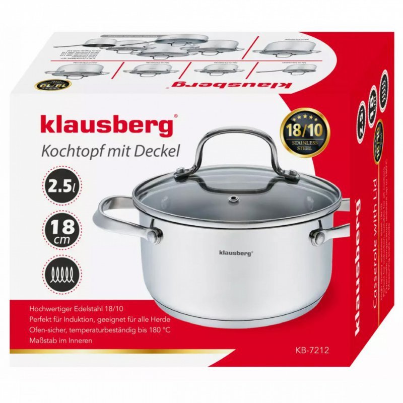Klausberg KB-7212 Pentola in acciaio inossidabile da 2,5 l con coperchio in vetro temperato
