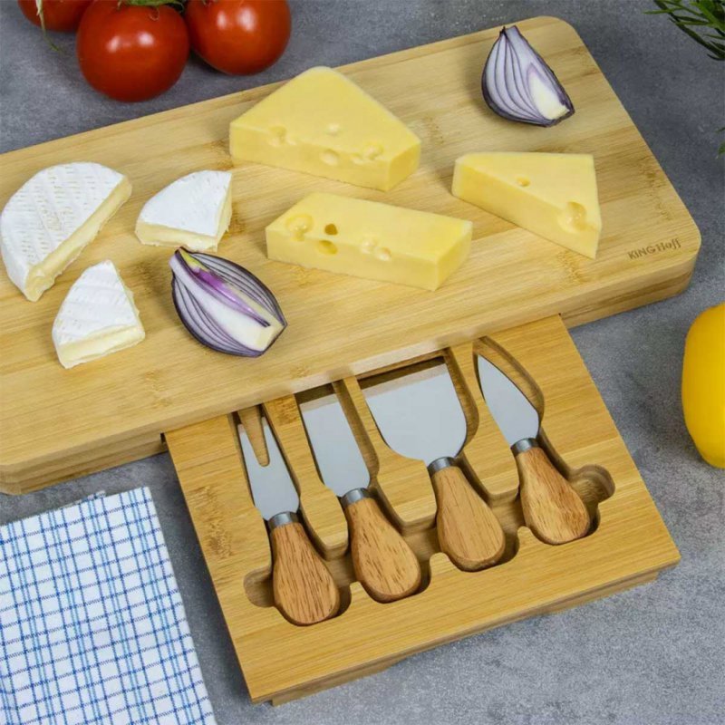 Kinghoff KH-1567 Tagliere per formaggi in bambù con utensili e cassetto