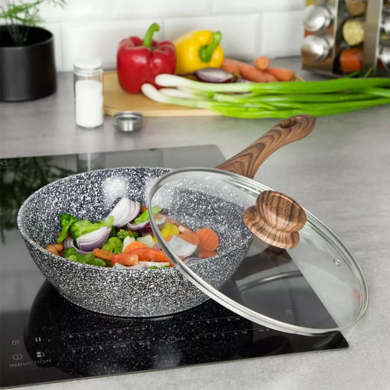 Kinghoff KH-1583 Padella wok in granito da 24 cm con coperchio - Padella antiaderente