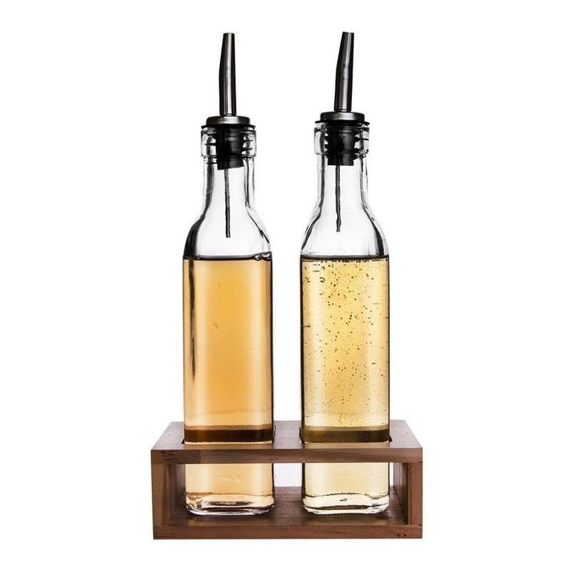 Set di dispenser per olio d'oliva e aceto Orion - Bottiglie di vetro con supporto