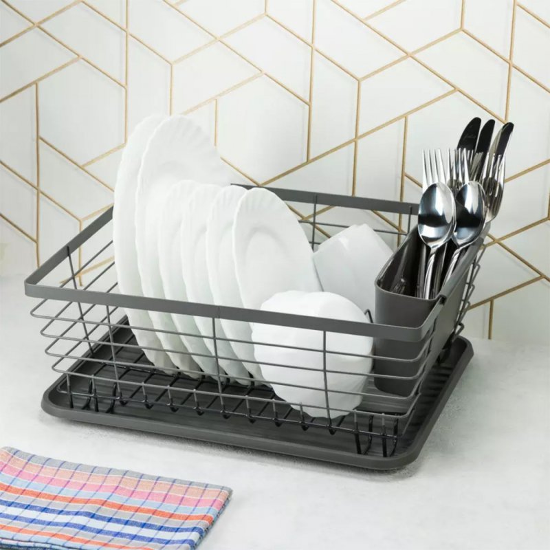 Kinghoff KH-1715 Scolapiatti nero con vassoio per riporre gli utensili da cucina