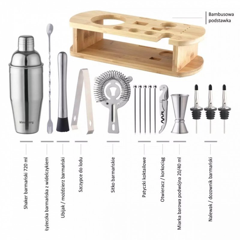 Klausberg KB-7582 Elegante set di utensili da bar con supporto in bambù