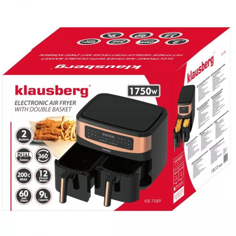 Friggitrice ad aria Klausberg KB-7589 2 x 4,5 l, apparecchio per cucinare in modo sano