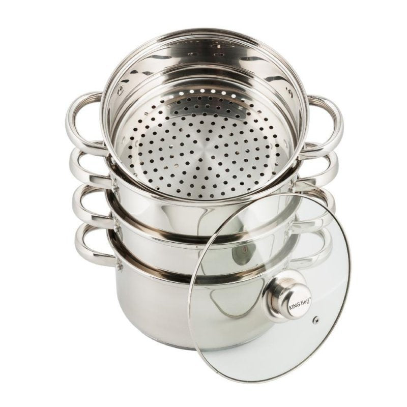 Kinghoff KH-3320 Set per cottura a vapore in acciaio inossidabile da 24 cm con coperchio in vetro