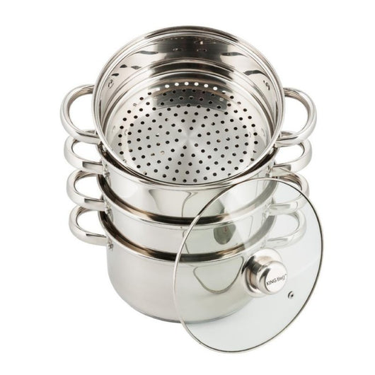 Kinghoff KH-3320 Set per cottura a vapore in acciaio inossidabile da 24 cm con coperchio in vetro