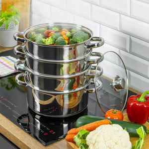 Kinghoff KH-3320 Set per cottura a vapore in acciaio inossidabile da 24 cm con coperchio in vetro