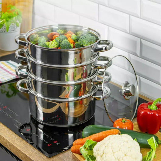 Kinghoff KH-3320 Set per cottura a vapore in acciaio inossidabile da 24 cm con coperchio in vetro