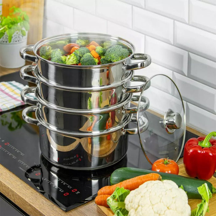 Kinghoff KH-3320 Set per cottura a vapore in acciaio inossidabile da 24 cm con coperchio in vetro