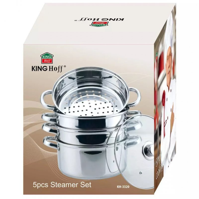 Kinghoff KH-3320 Set per cottura a vapore in acciaio inossidabile da 24 cm con coperchio in vetro